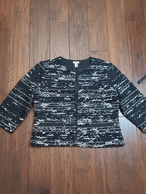 Chico's Black & White Textured Open Front Beaded Jacket size 2